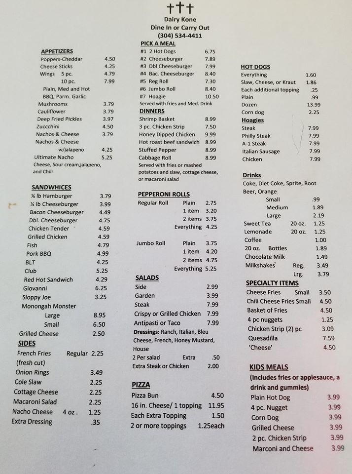 Menu at Dairy Kone, Monongah