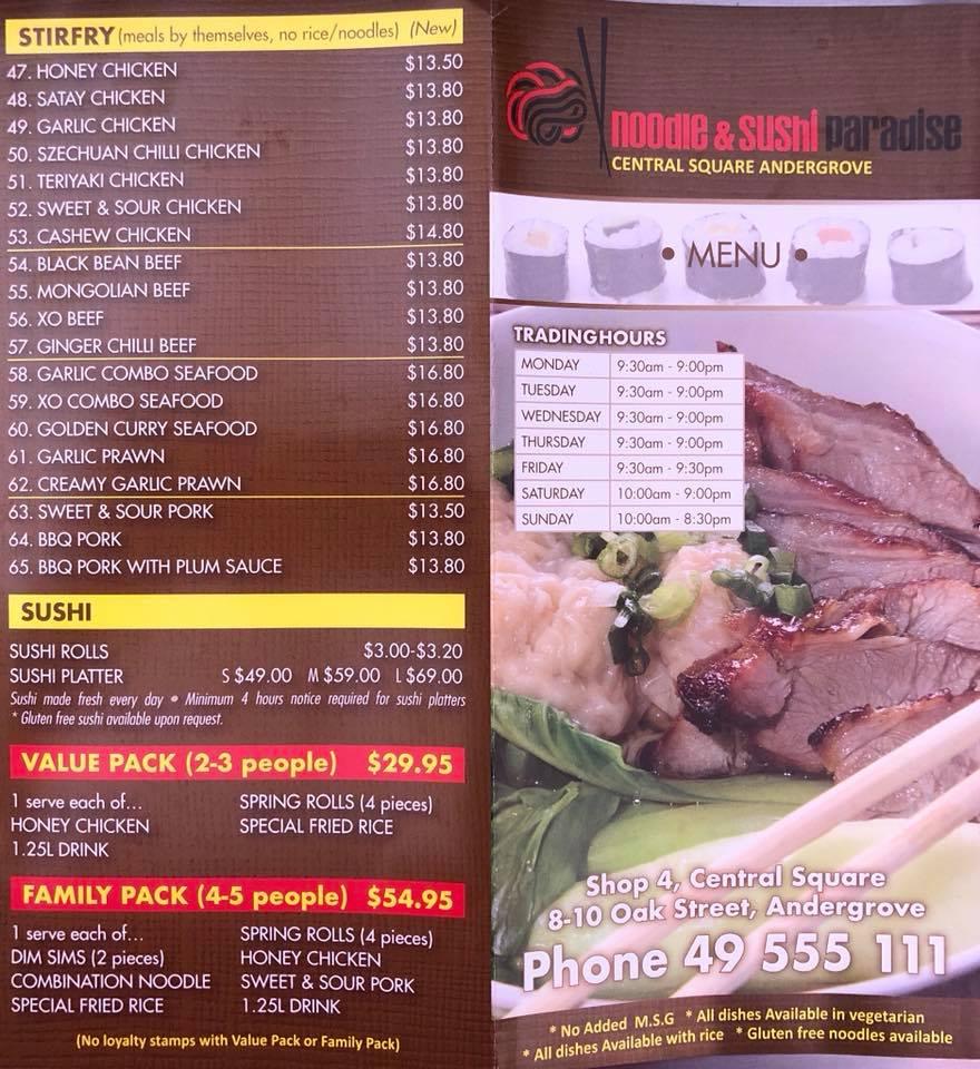 Menu at Noodle & Sushi Paradise restaurant, Andergrove