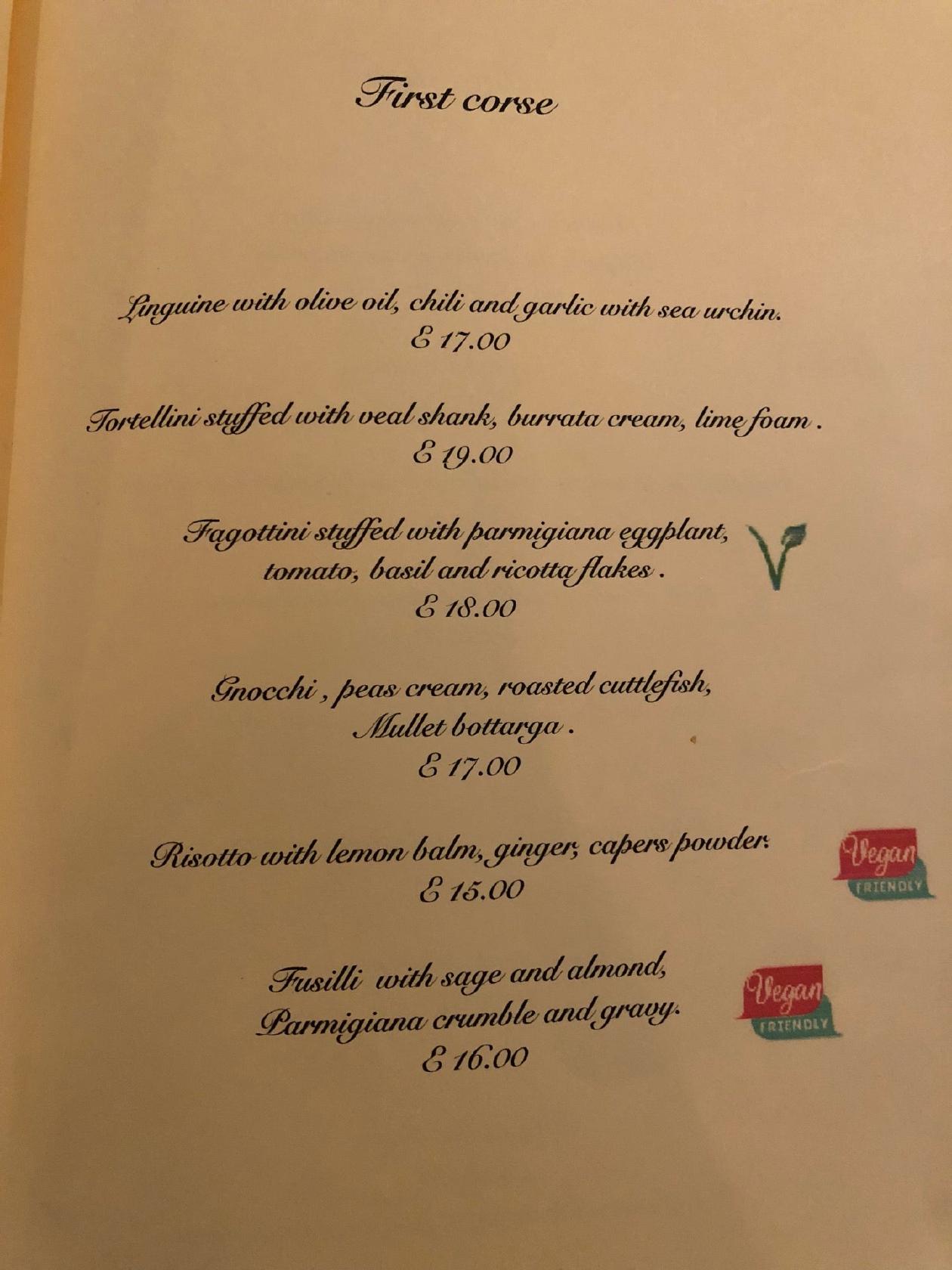 Menu at Konnubio restaurant, Florence, Via dei Conti