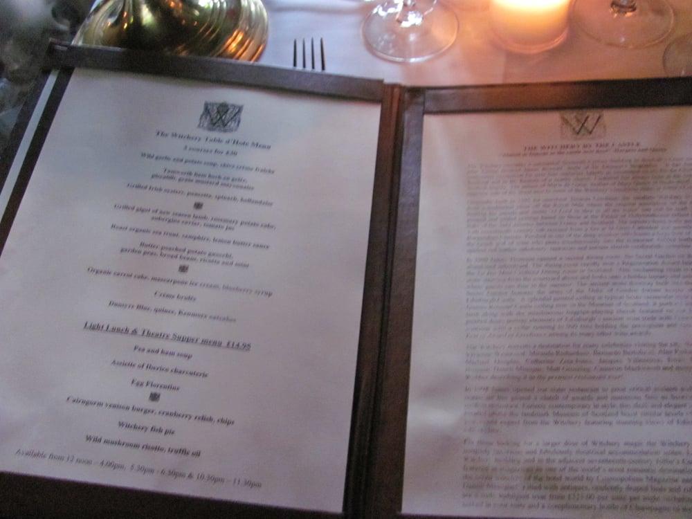 Menu at The Witchery by the Castle restaurant, Edinburgh