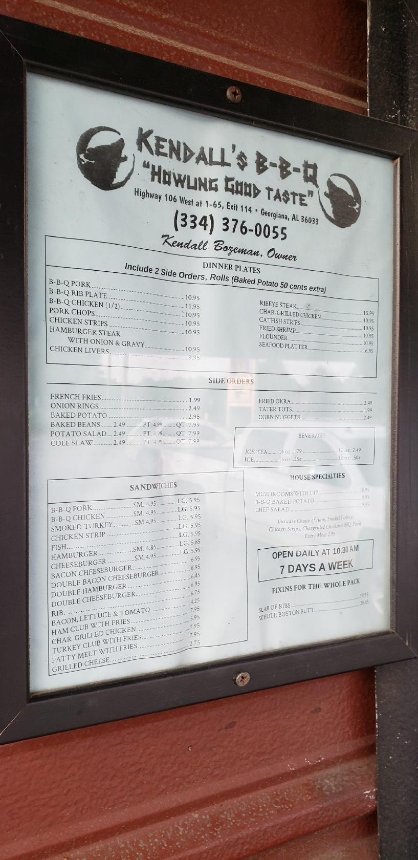Menu at Kendall's BBQ, 2230 AL106