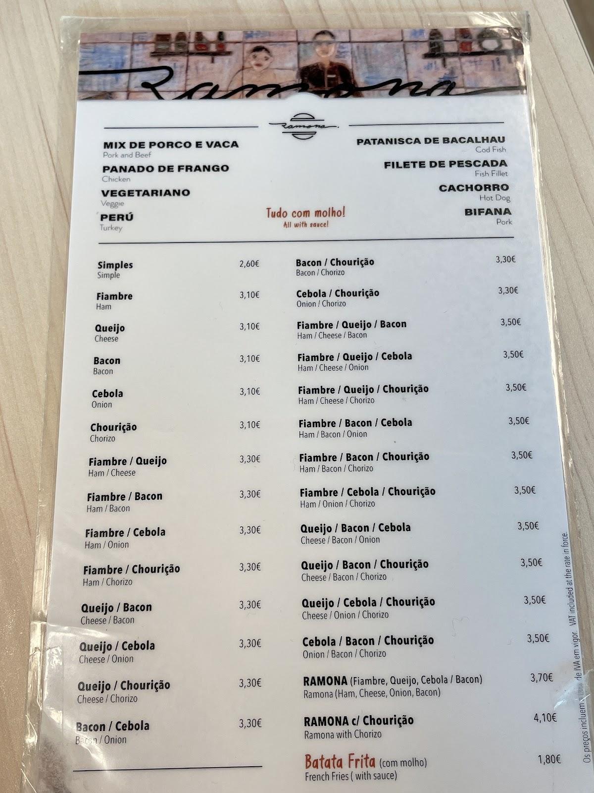 Menu em Café Ramona, Aveiro