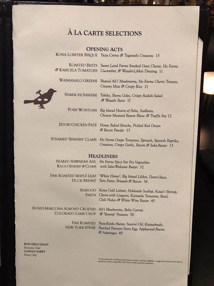 Menu at Stage Restaurant, Honolulu, Kapiolani Blvd