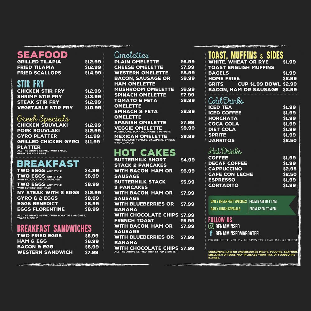 Menu at Benjamin's Food & Drinks restaurant, Margate