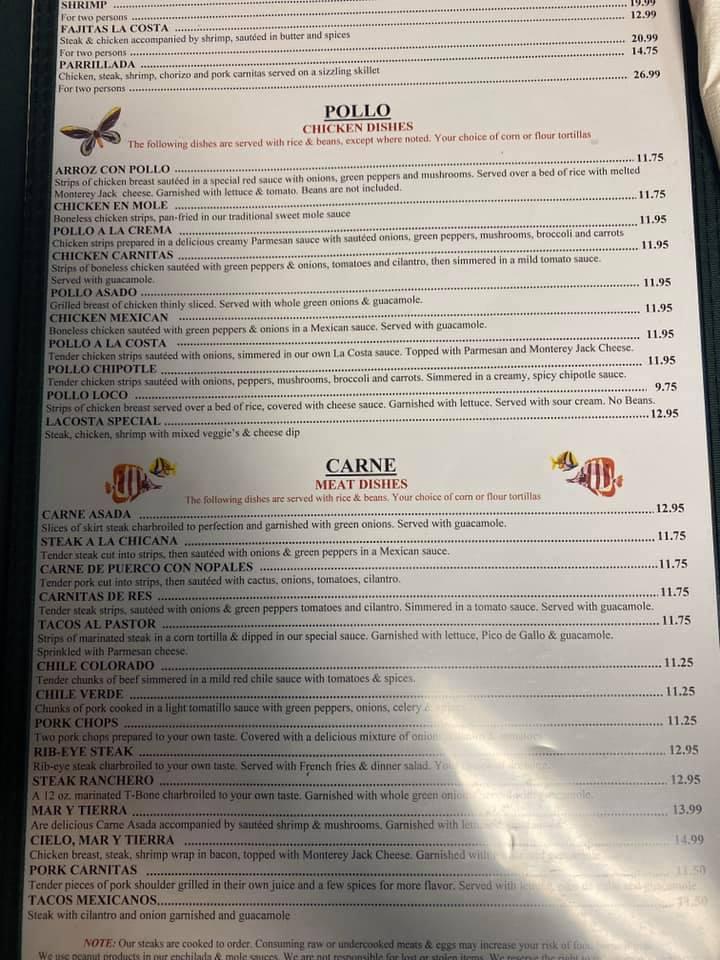 Menu at La Costa Mexican Restaurant, Crossville