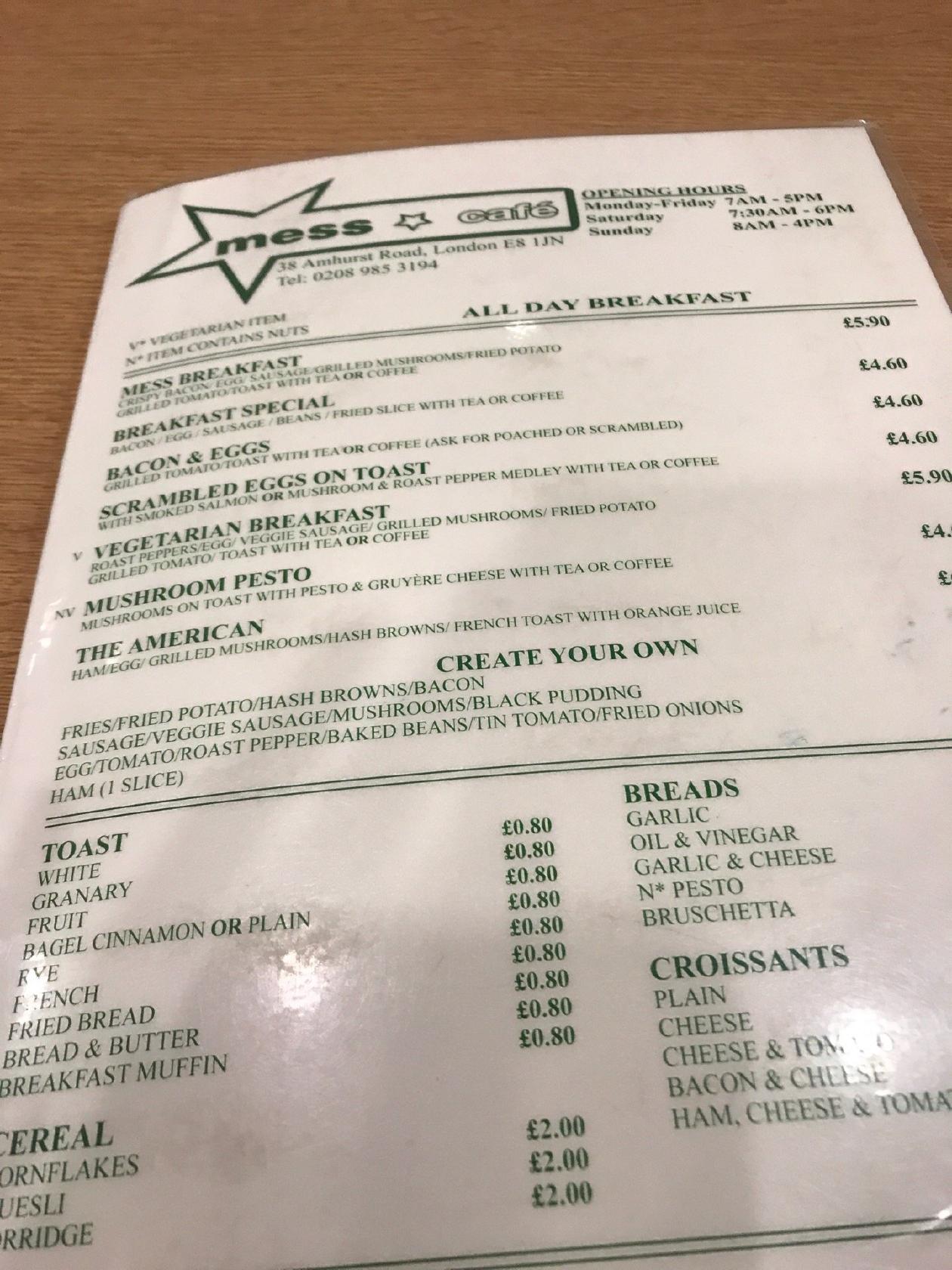 Menu at Mess Cafe, London, 38 Amhurst Rd