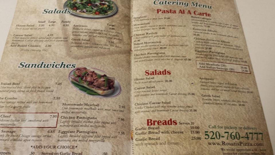 Menu at Rosati's pizza pizzeria, Tucson, E Tanque Verde Rd