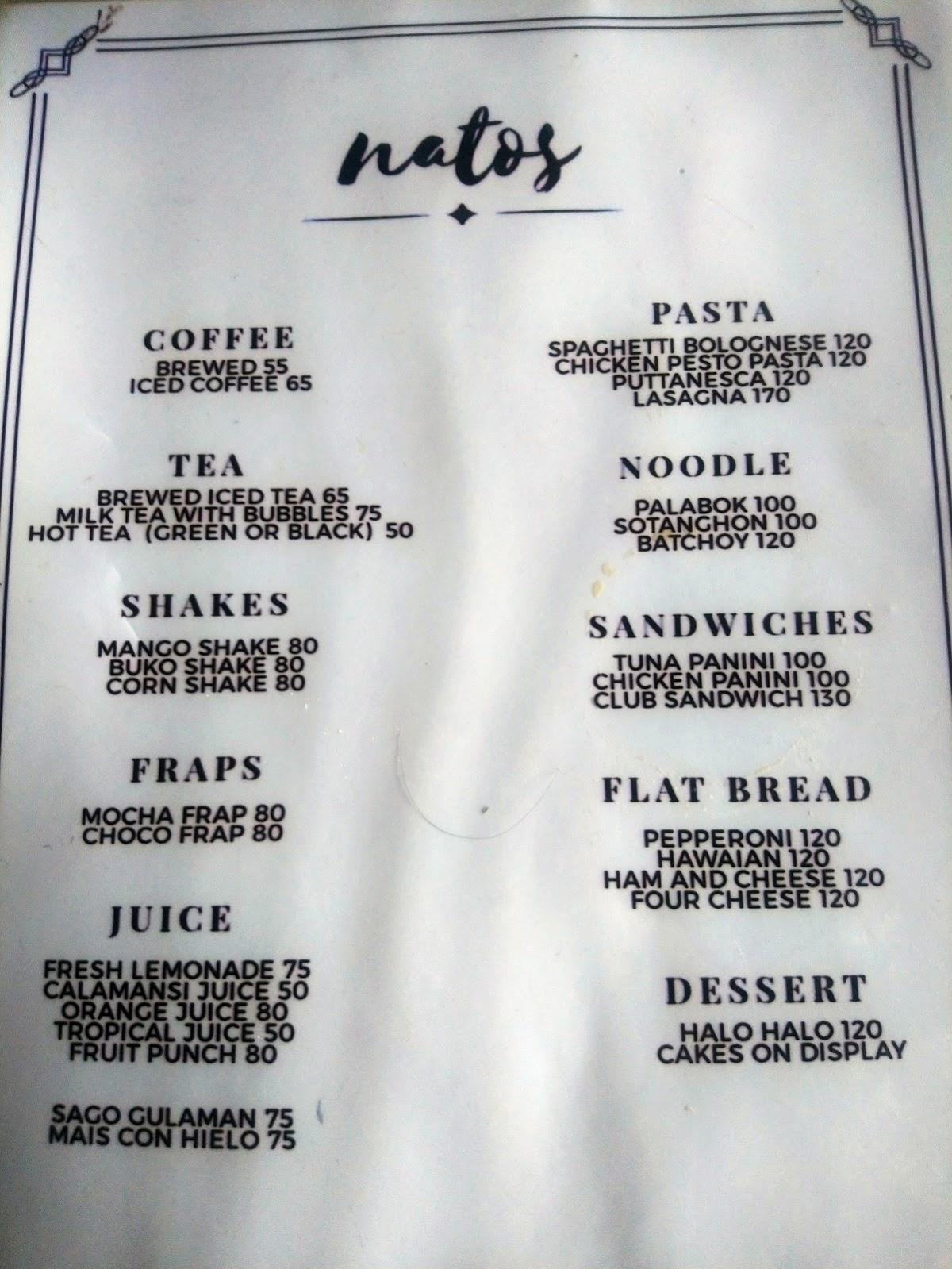 Menu at Nato's Cafe and Garden, Bacolod
