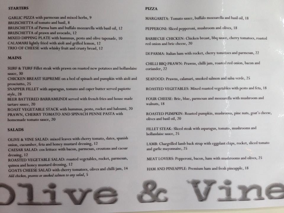 Menu at Olive & Vine pizzeria, Kiama