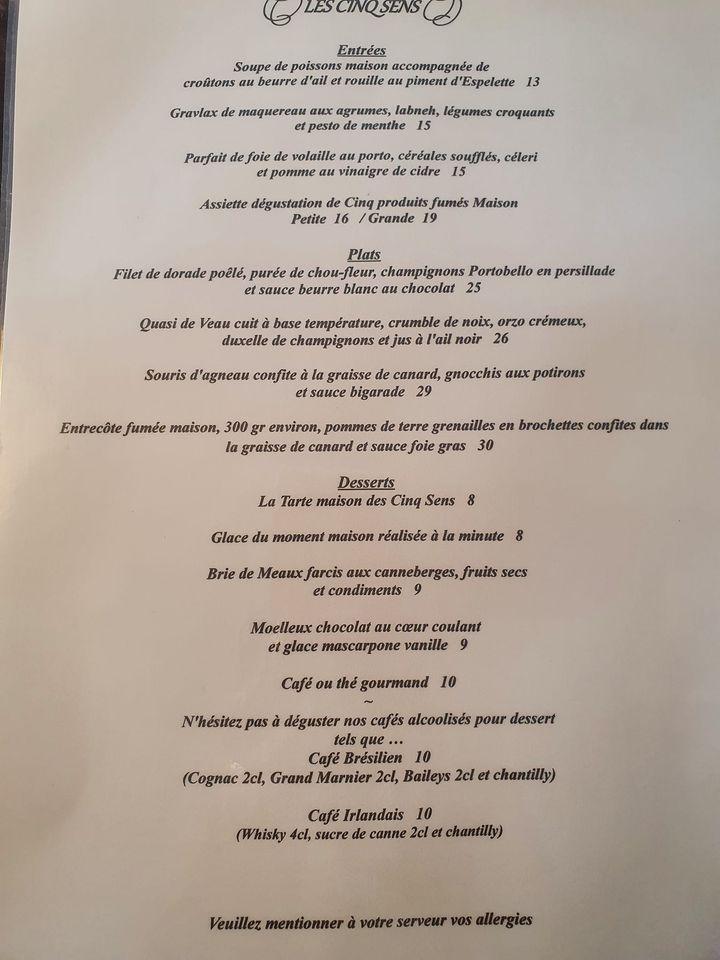 Menu Au Restaurant Les CinQ Sens, Vendays-Montalivet