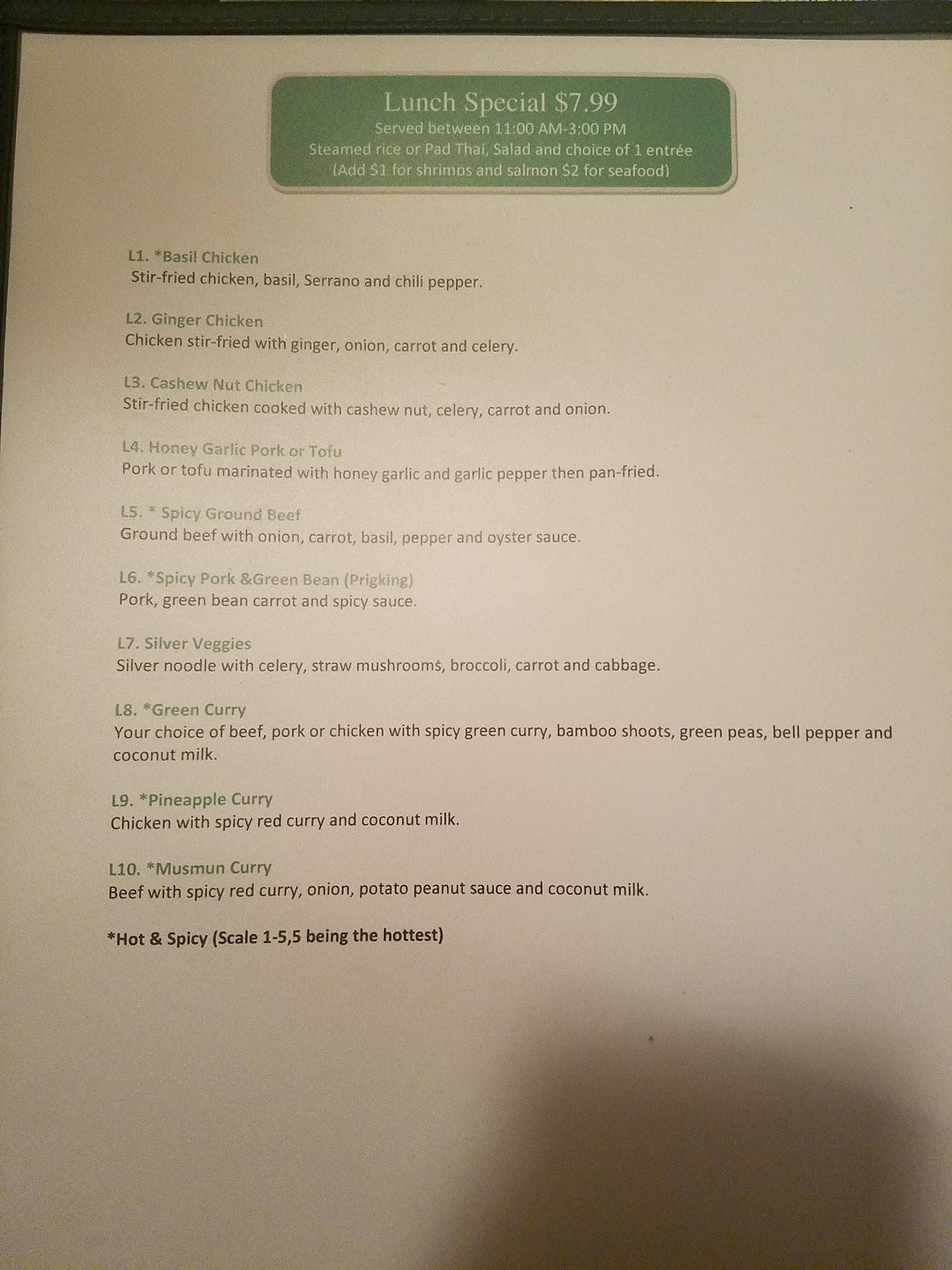 Menu at Thai Jasmine restaurant, Gardnerville