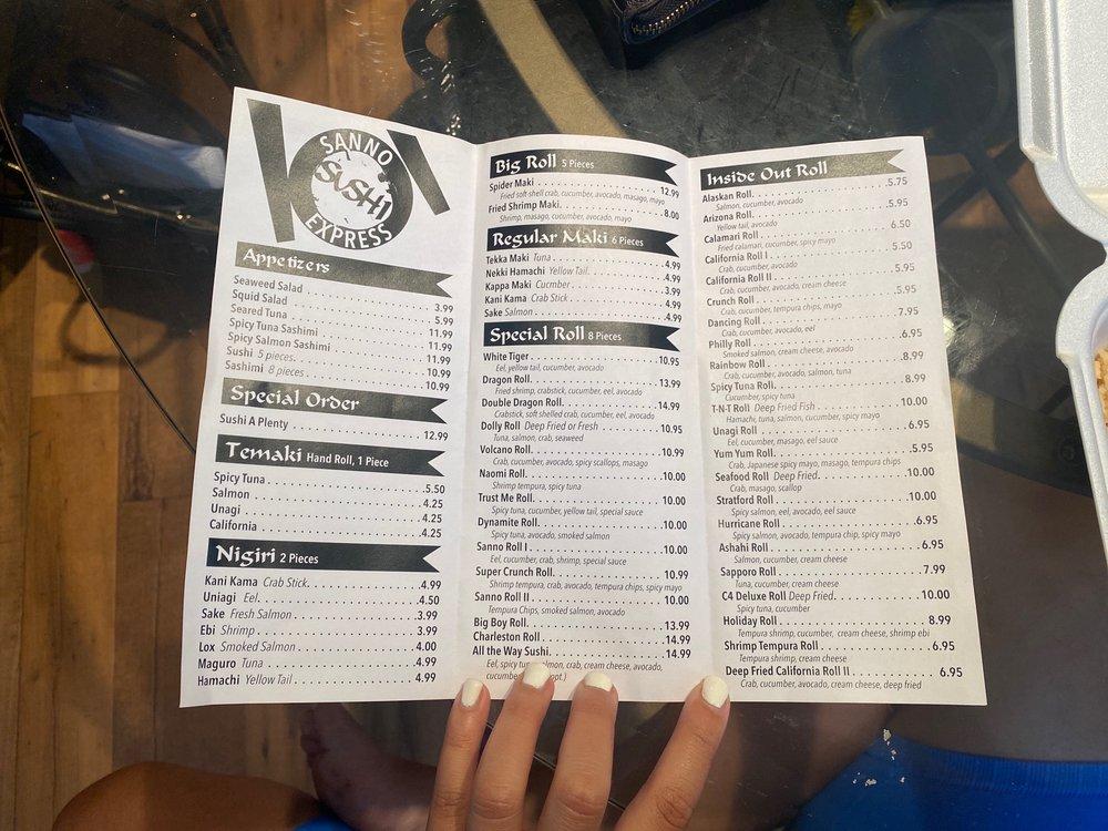 Menu at Sanno Japanese Express Restaurant, Goose Creek