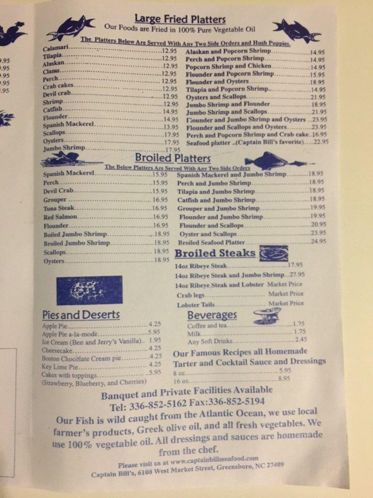 Menu at Captain Bill's Seafood & Steak Restaurant We are open for Dine