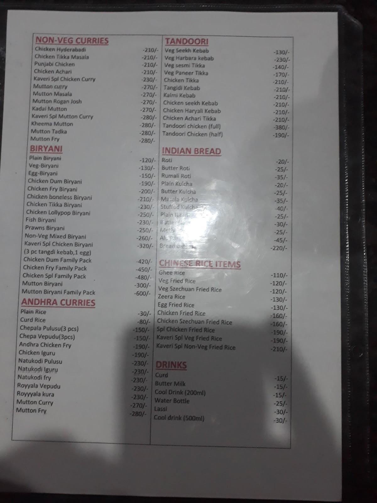 Menu at Kaveri multi cuisine restaurant, Nandigama