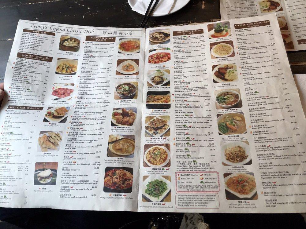 Menu at Leongs Legend restaurant, London, 39 Gerrard St