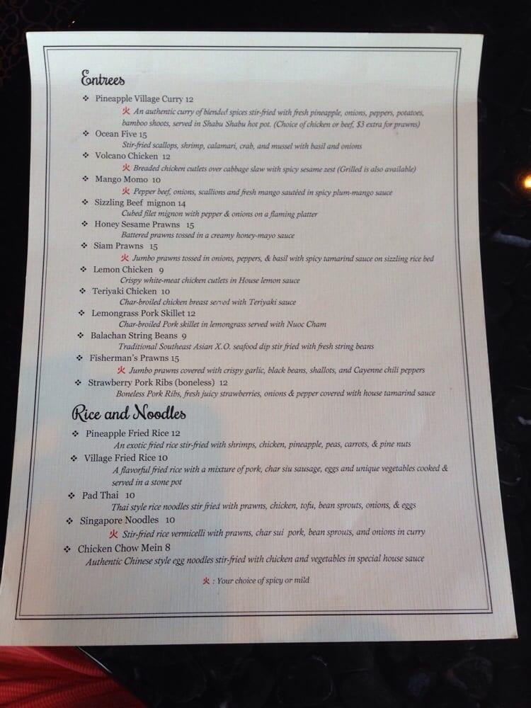 Menu at Pineapple Village restaurant, Gilroy