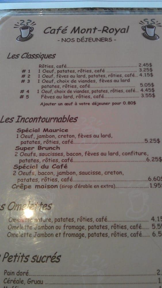 Menu at Cafe MontRoyal, Saguenay