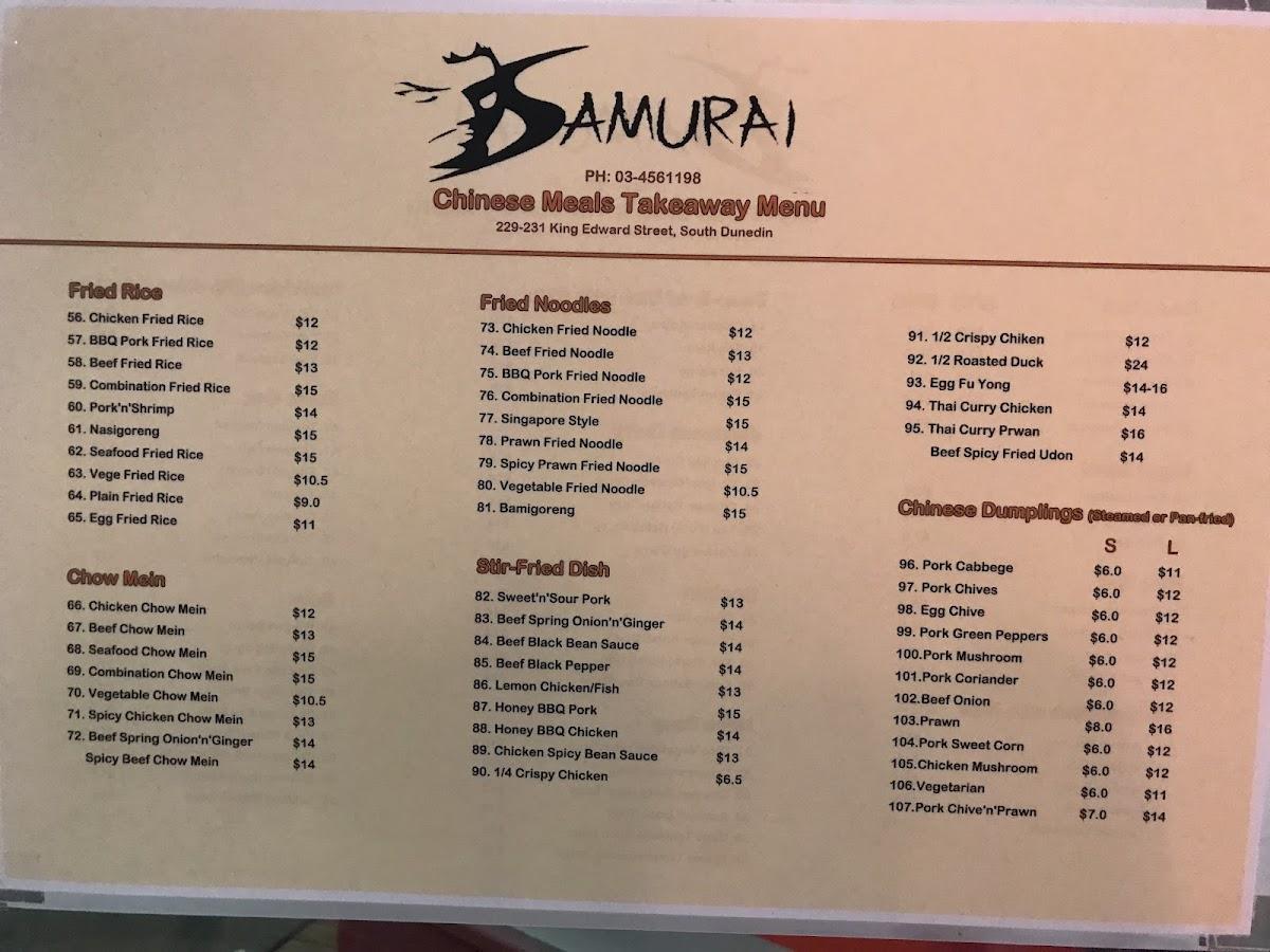 Menu at SamuraiNew Asian restaurant, Dunedin