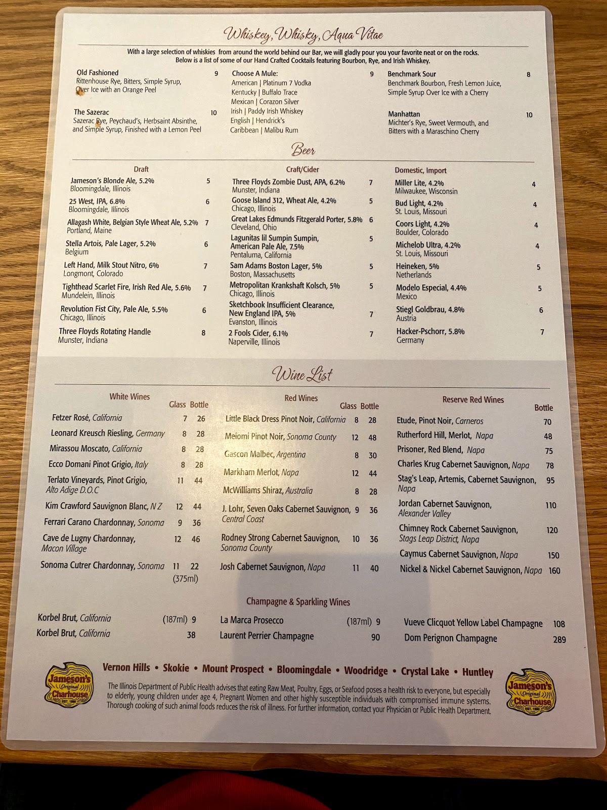 Menu at Jameson's Charhouse Vernon Hills pub & bar, Vernon Hills