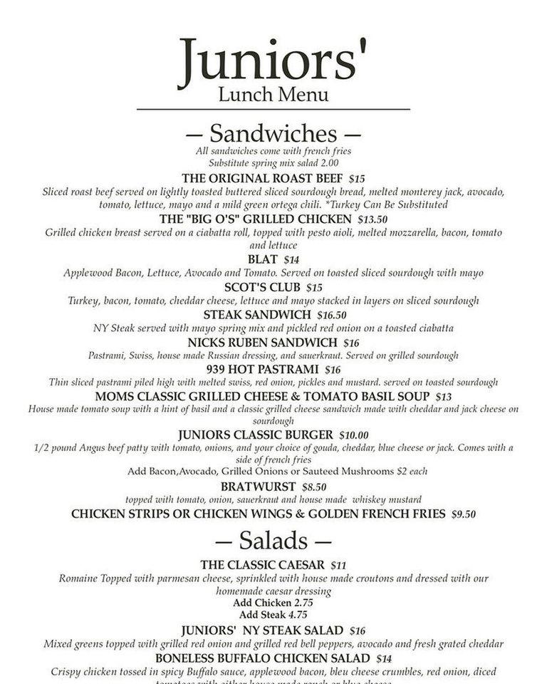Menu at Juniors' restaurant, Tracy