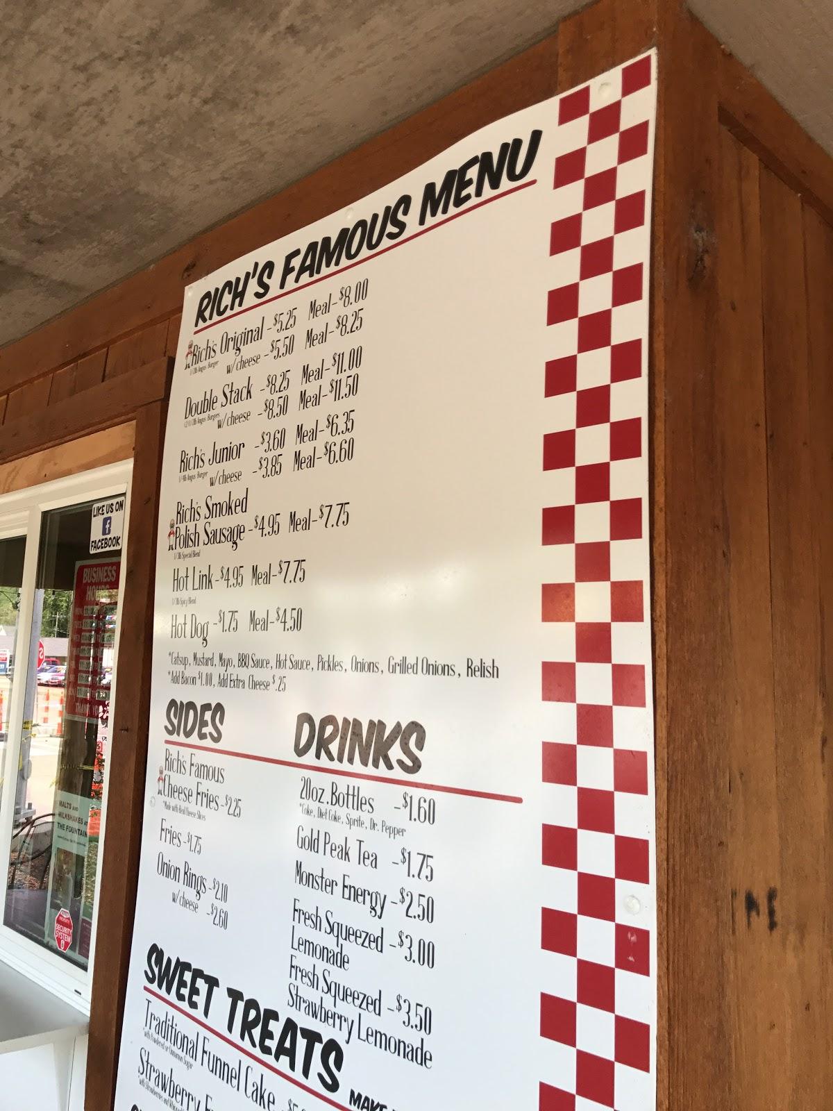 Menu at Rich's Famous Burgers restaurant, Steelville