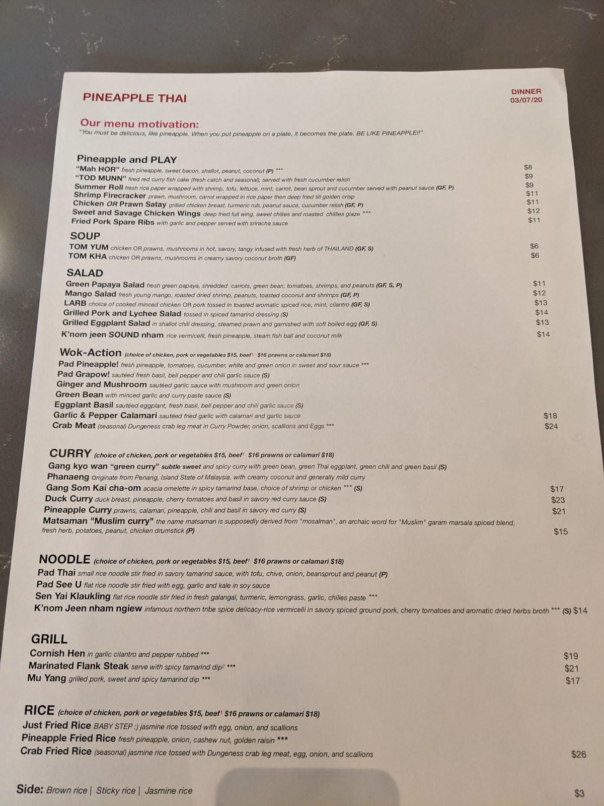 Menu at Pineapple Thai restaurant, Cupertino