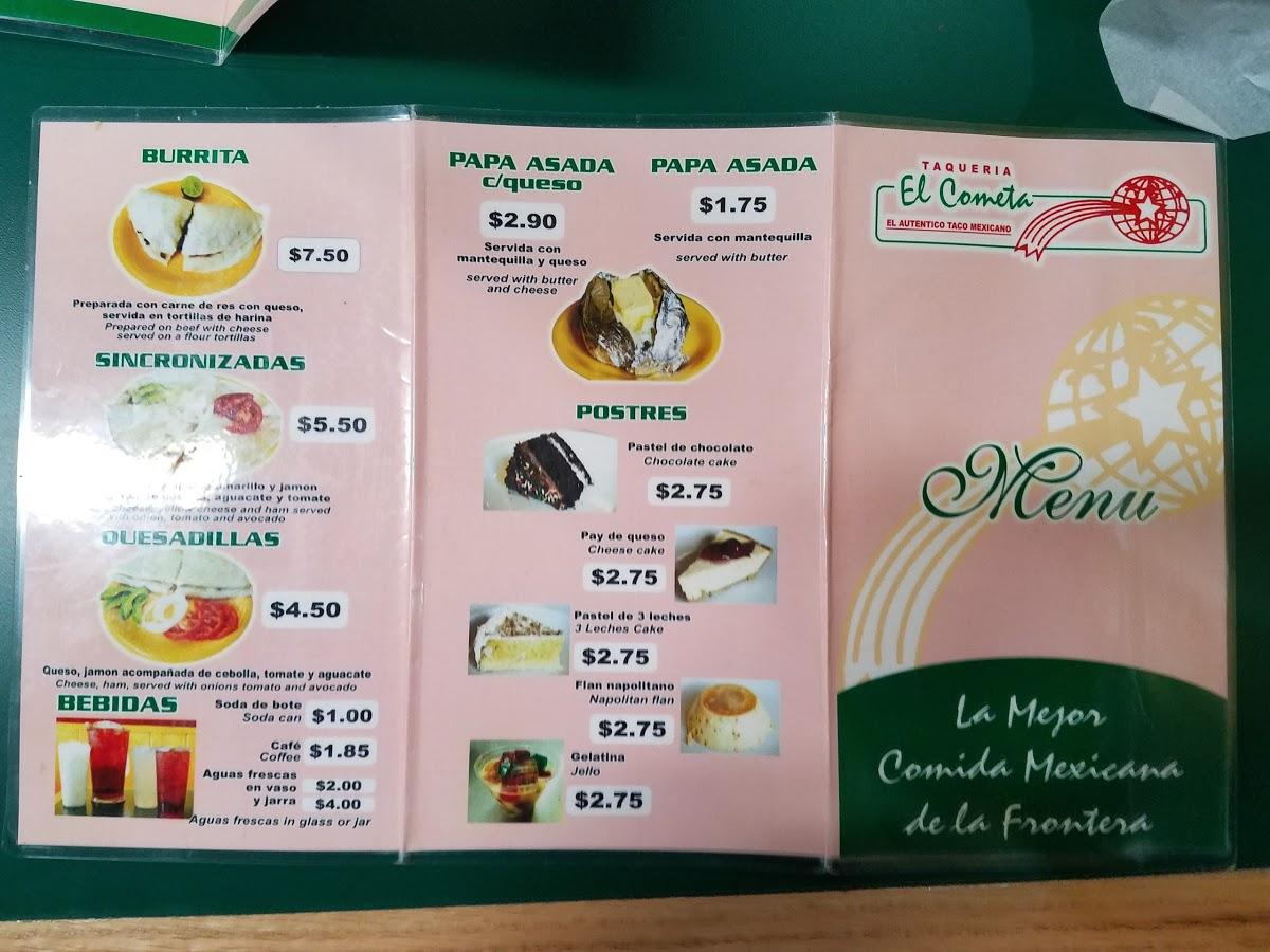 Menu at Taqueria El Cometa restaurant, El Paso, N Mesa St