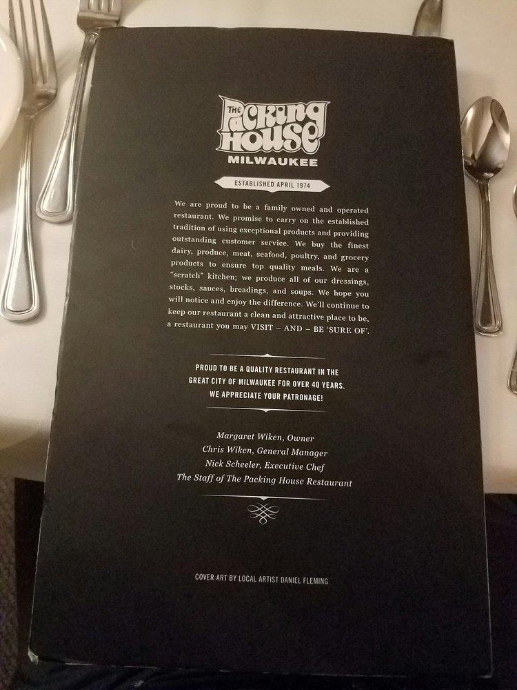 Menu at The Packing House steakhouse, Milwaukee