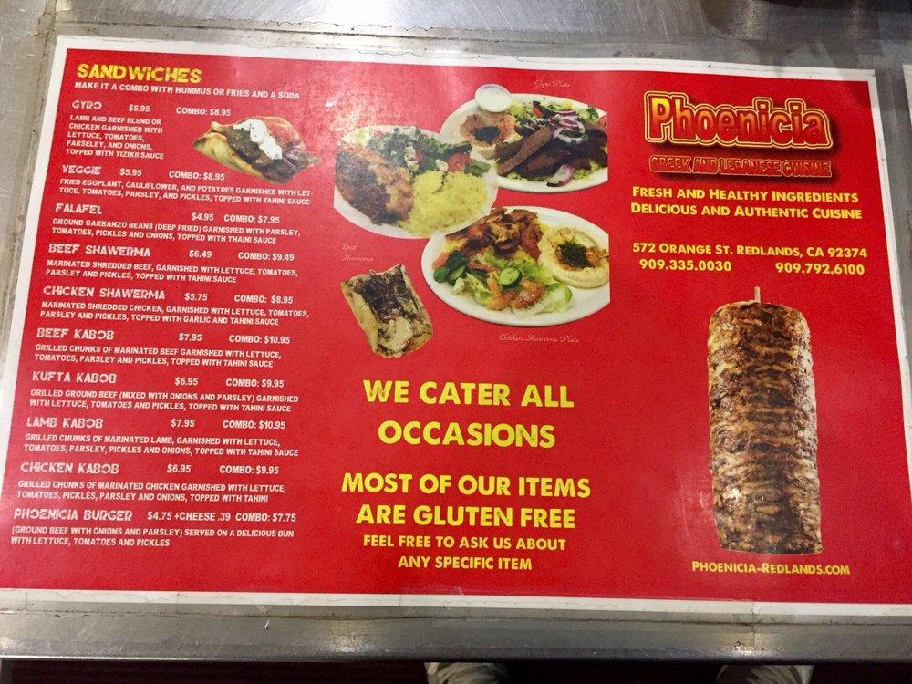 Menu at Phoenicia restaurant, Redlands