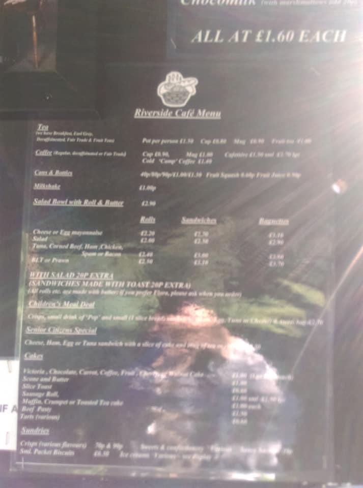 Menu at The Riverside Kiosk cafe, Thetford