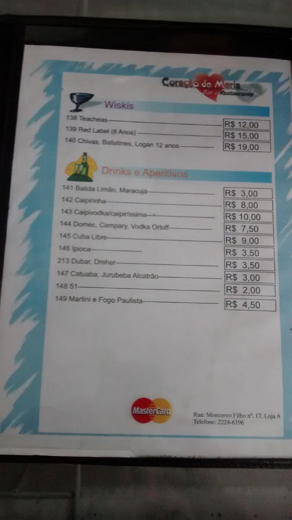 Bar e Restaurante Coração de Maria cardápio