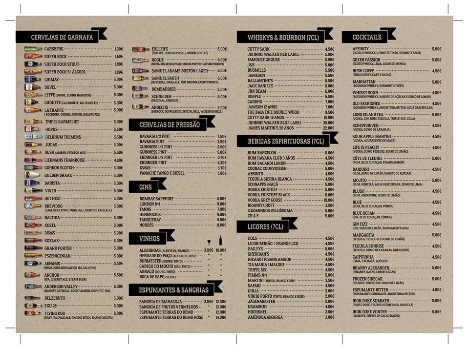Menu at The Iron Duke Pub, Aveiro