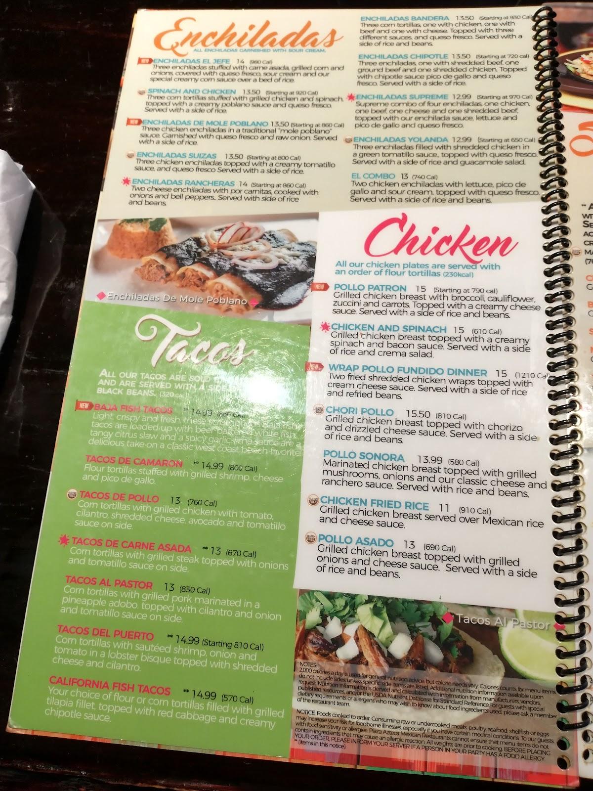 Menu At Plaza Azteca Mexican Restaurant · White Oak White Oak