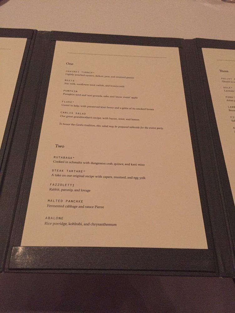 Menu at Canlis restaurant, Seattle