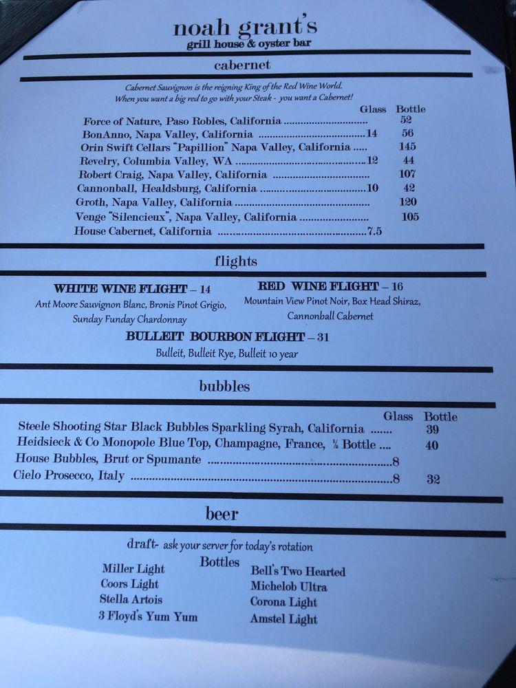 Menu at noah grant's grill house & oyster bar, Zionsville