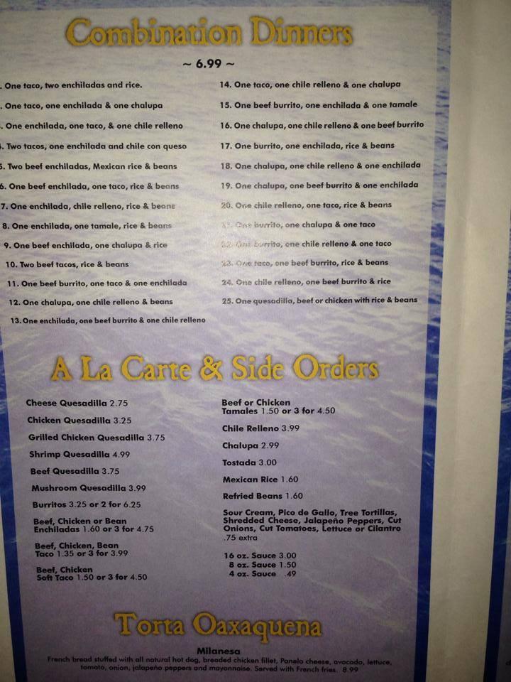 Menu at Costa Méxican Restaurant, Ecru, MS15