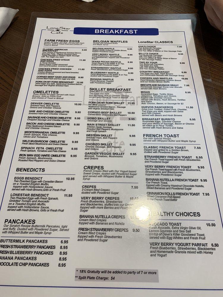 Menu at Lone Star Cafe, Grapevine