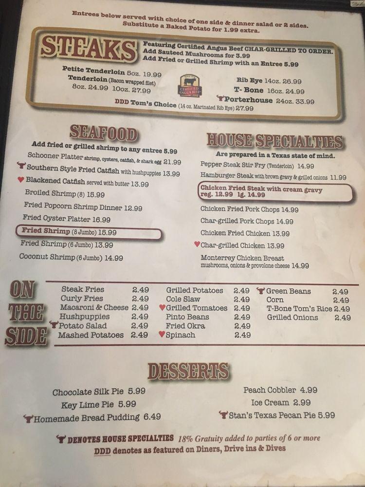 Menu at TBone Tom's BBQ, Kemah
