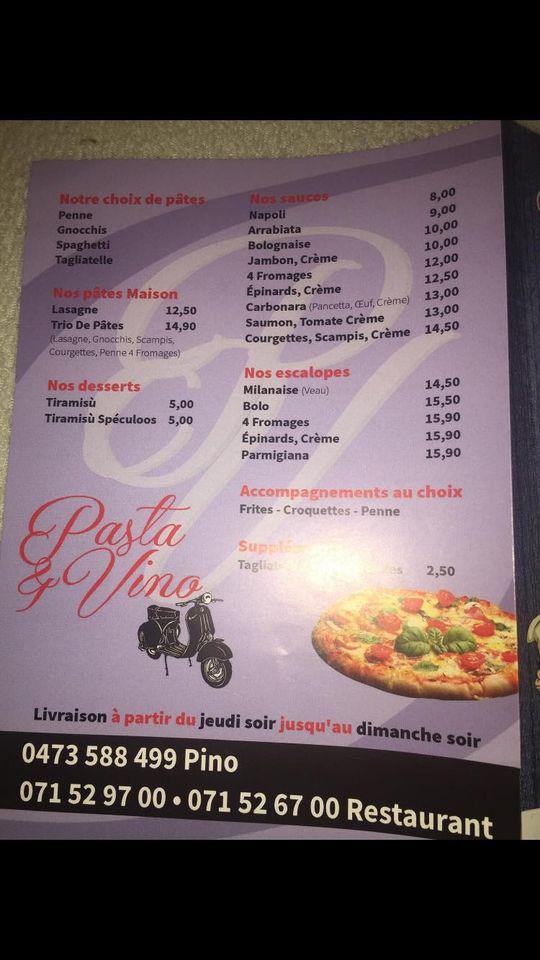 Menu au Pasta e Vino, Anderlues