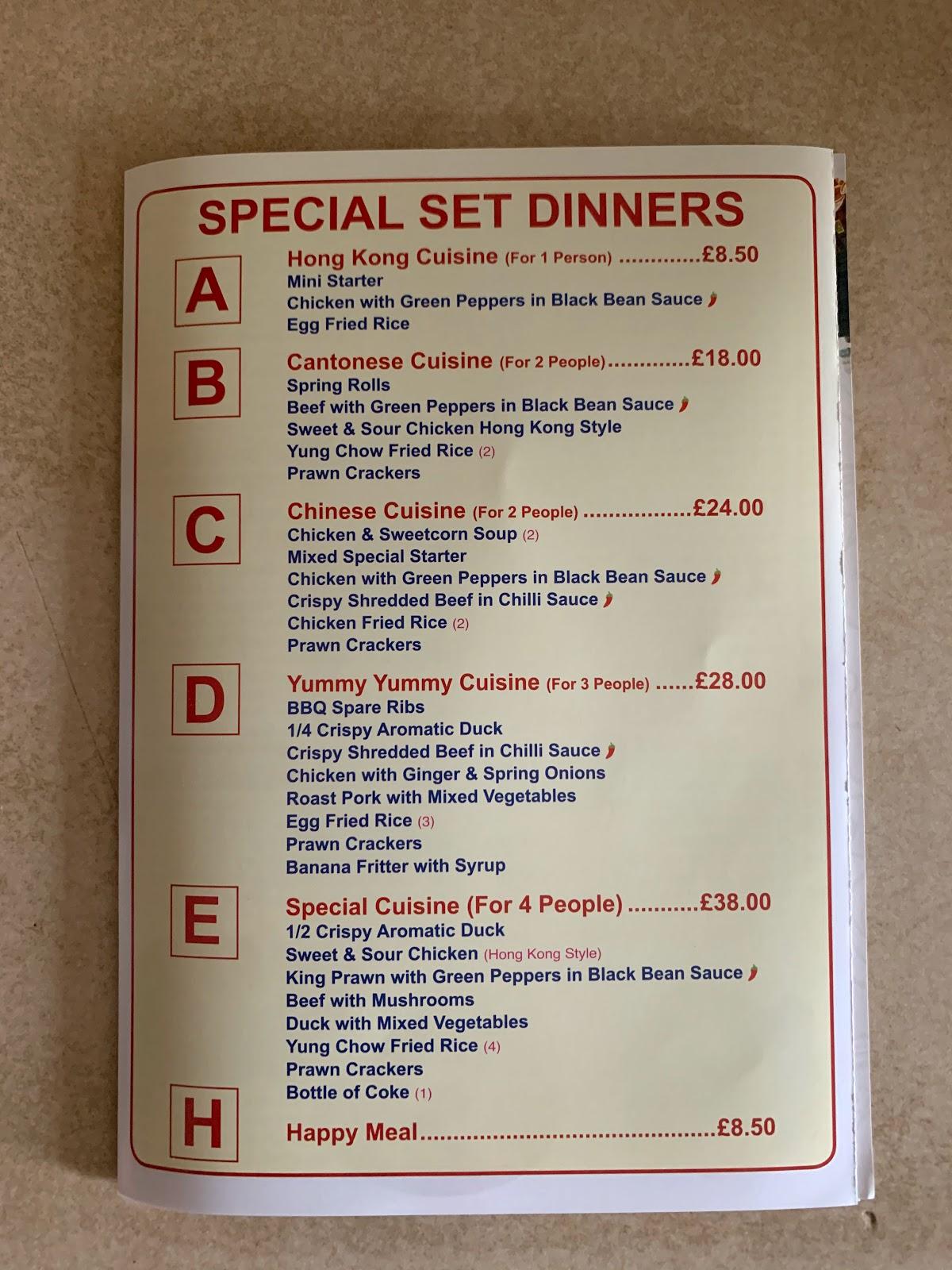 Menu at Peking house, Whitehaven