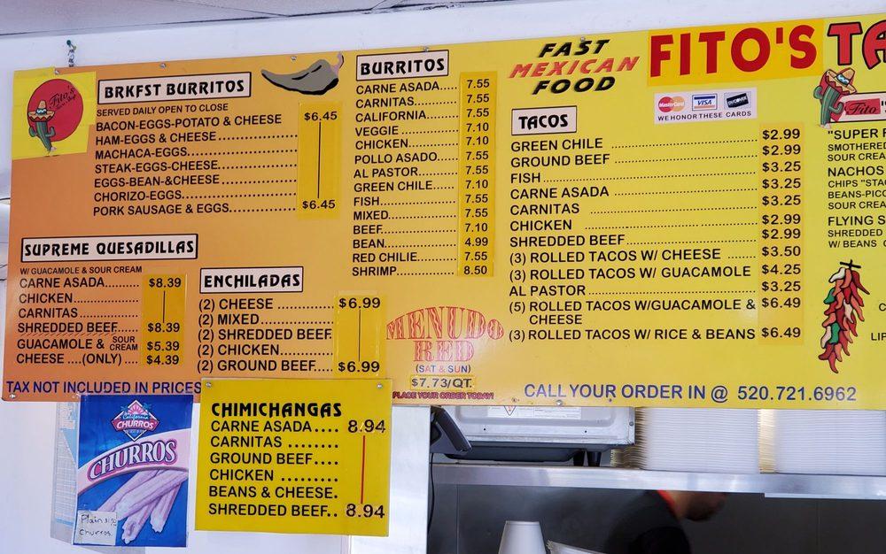 Menu at Fito's Taco Shop restaurant, Tucson, E Wrightstown Rd