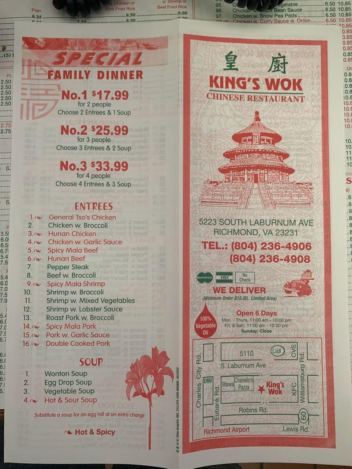 Menu at King's Wok restaurant, Richmond