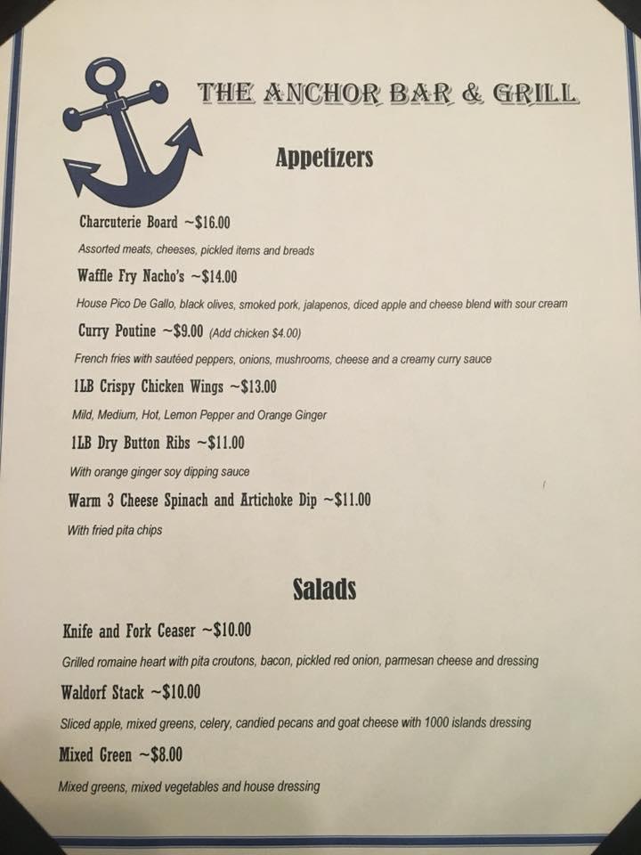 Menu at Wheel and Anchor Restaurant, Gananoque