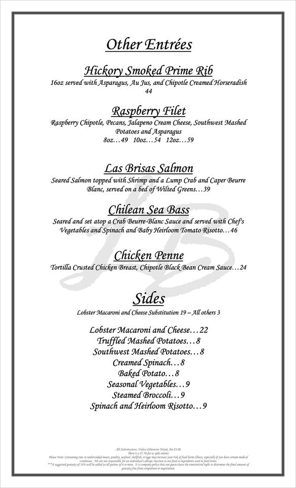 Menu at Las Brisas steakhouse, Lubbock