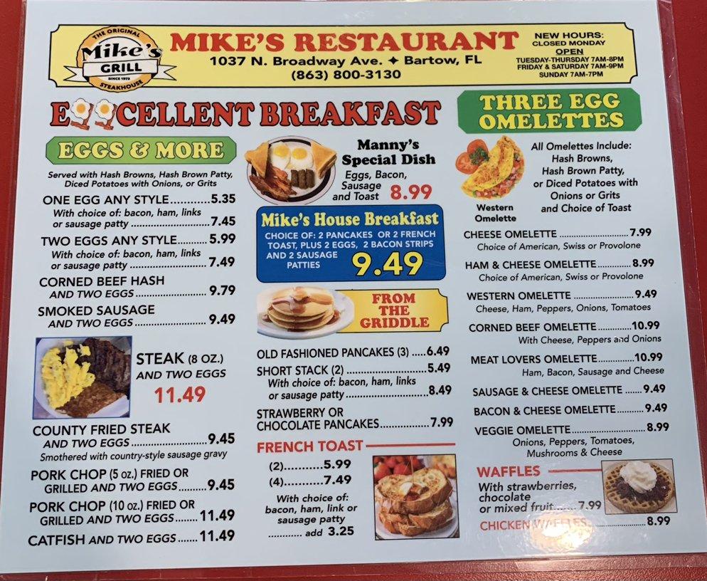Menu at The Original Mike's Grill steakhouse, Bartow