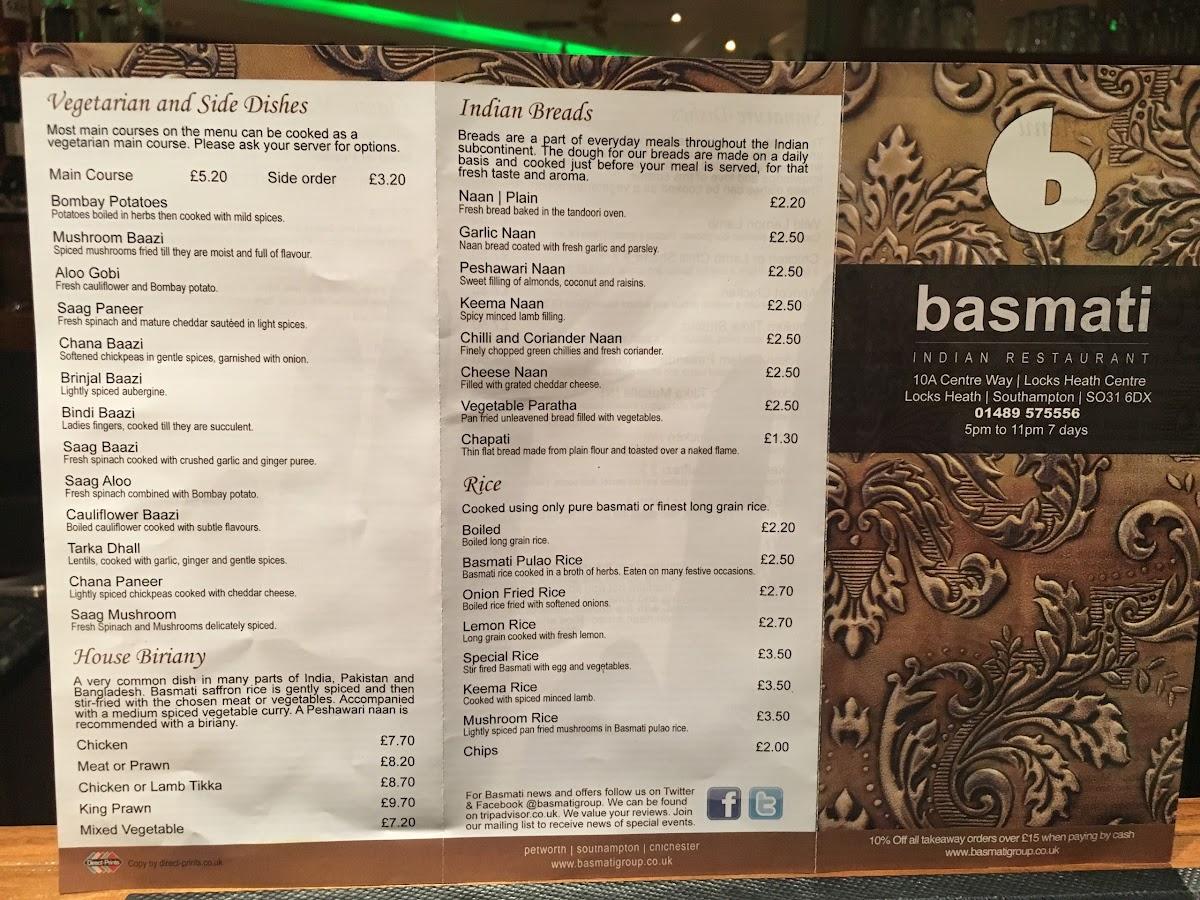 Menu at Basmati Indian Restaurant Locks Heath Southampton, Southampton