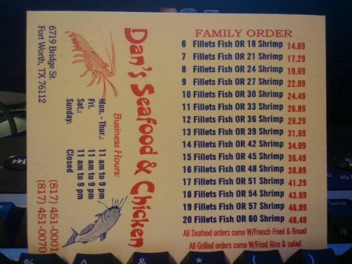 Menu at Dan's Seafood & Chicken fast food, Fort Worth, Bridge St