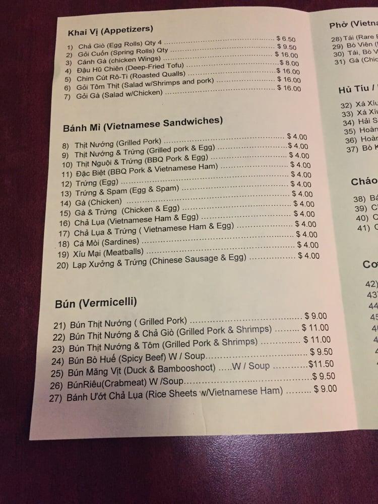 Menu at Billiard Hoang restaurant, Seattle