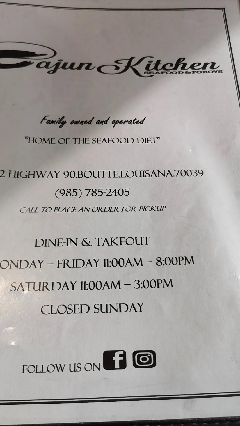 Menu at Cajun Kitchen Seafood & Poboys restaurant, Boutte