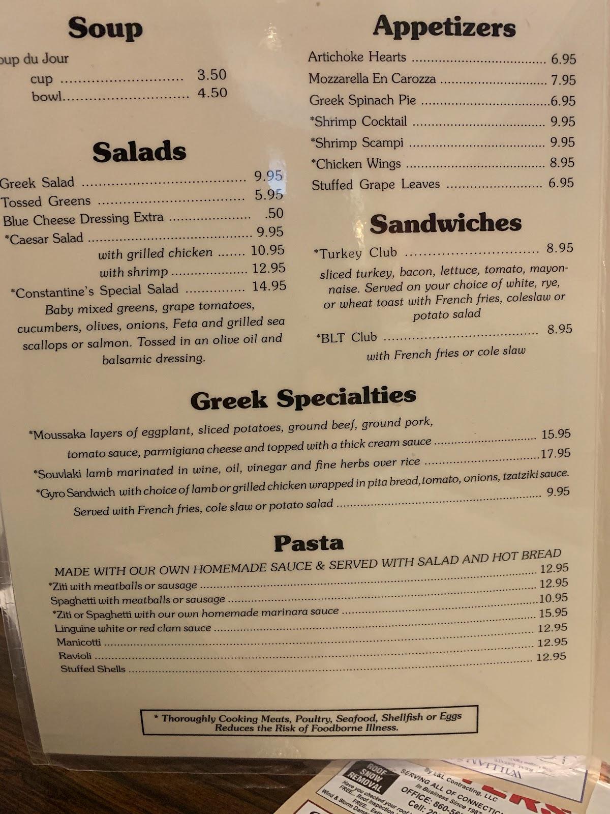 Menu at Constantine's Restaurant, Woodbury